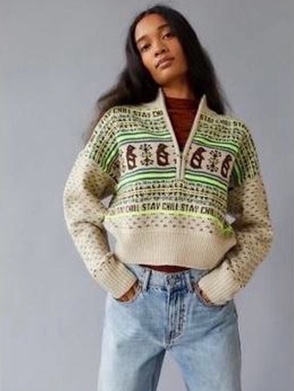 Urban Outfitters BDG Beige Knit Half-zip Sweater Neon Green Accents Women’s S